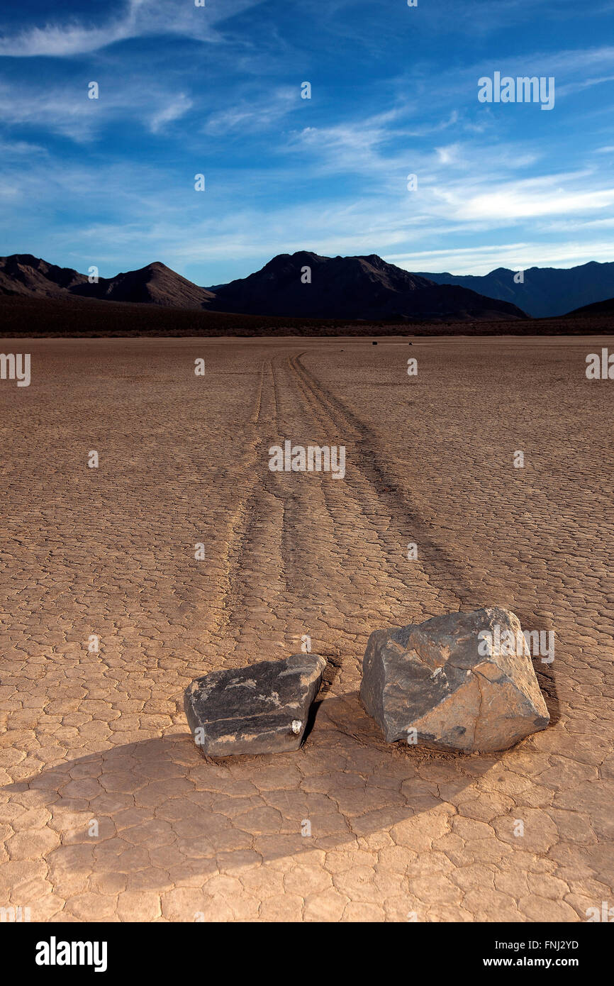 Ein paar beweglichen Felsen mit Trails auf dem Racetrack Playa, Death Valley Nationalpark, Kalifornien, Vereinigte Staaten von Amerika Stockfoto