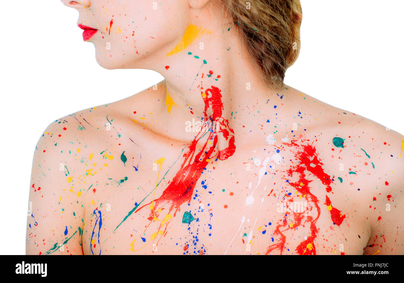 Bunte junge Frau in Lack, Schultern und Lippen isoliert auf weißem Hintergrund Stockfoto