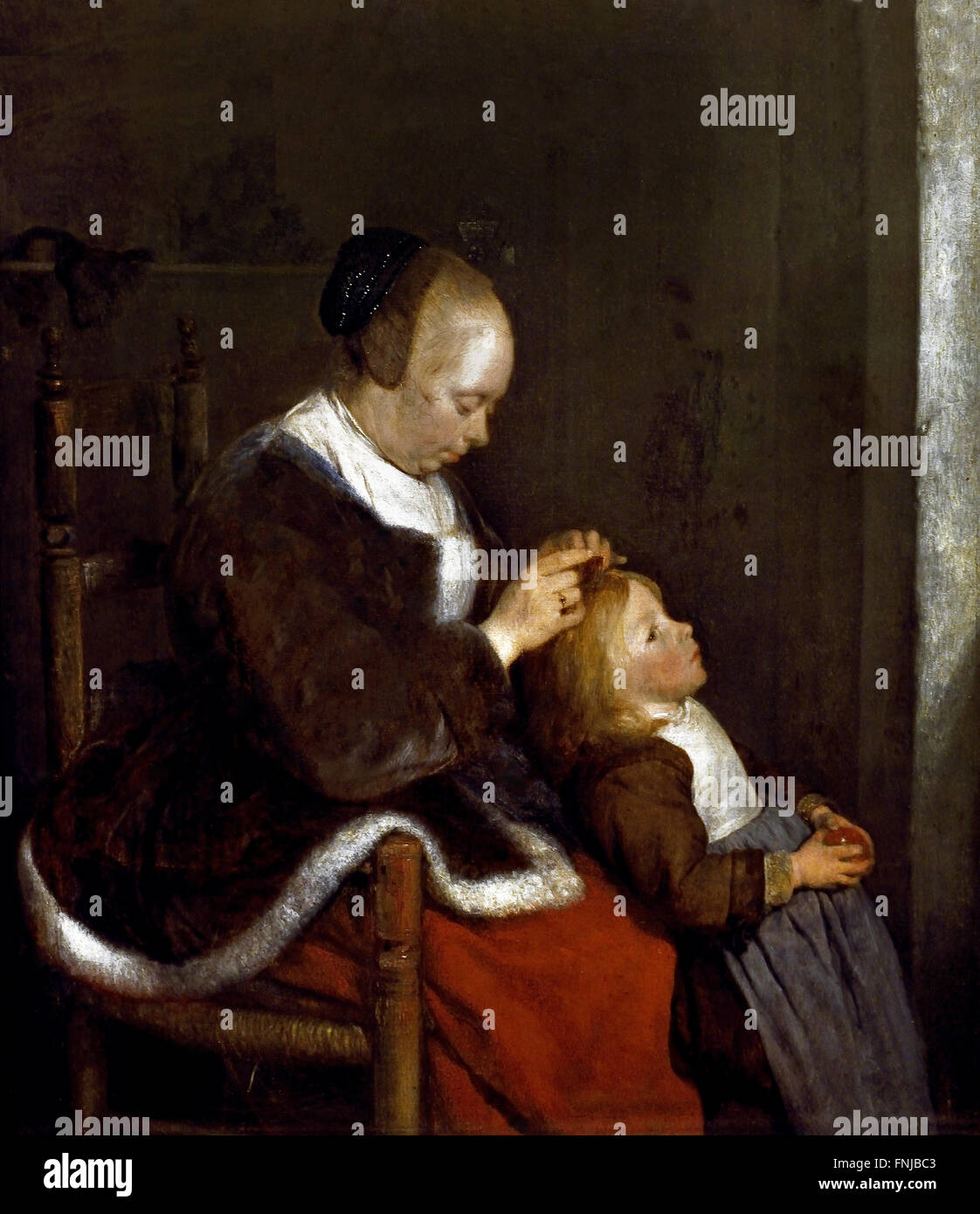 Mutter Kämmen ihrer Kinder die Haare (Jagd für Läuse) 1652 Gerard ter Borch 1617-1681 niederländischen Niederlande Niederlande Niederlande Stockfoto