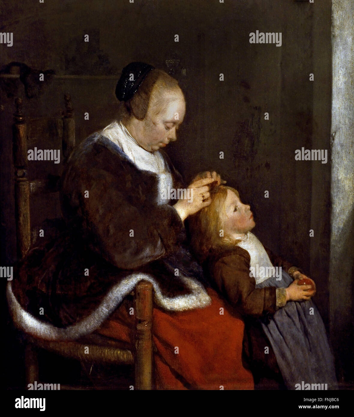 Mutter Kämmen ihrer Kinder die Haare (Jagd für Läuse) 1652 Gerard ter Borch 1617-1681 niederländischen Niederlande Niederlande Niederlande Stockfoto