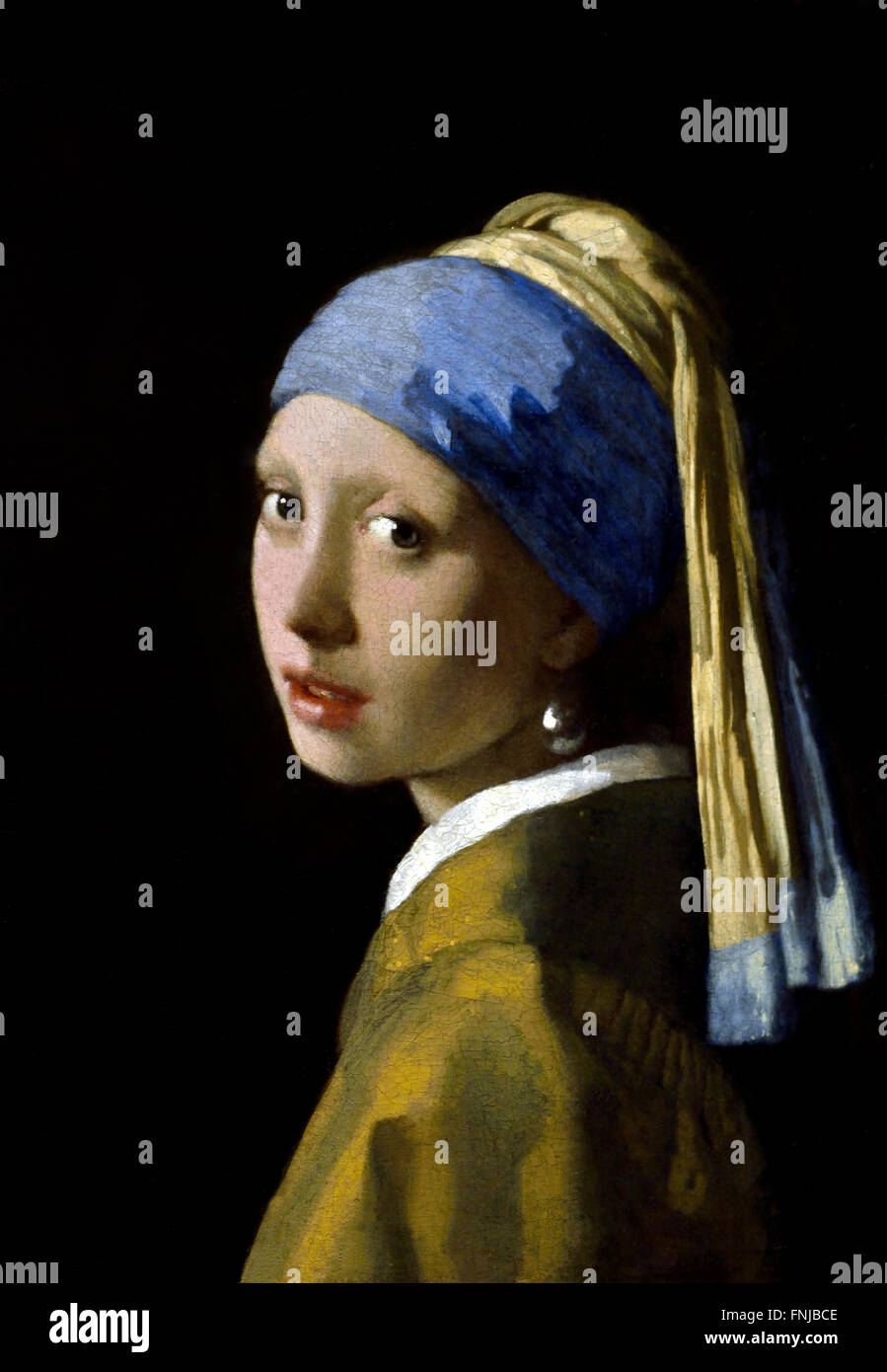 Mädchen mit Perlenohrring 1665 Johannes Vermeer oder Jan Vermeer 1632 - 1675 Niederländische Niederlande ( niederländischer Maler im Goldenen Zeitalter, einer der größten Maler im 17. Jahrhundert. Bevorzugte zeitlose, gedämpfte Momente, bleibt rätselhaft, unnachahmliches Farbschema und verwirrender Lichtinhalt) Stockfoto