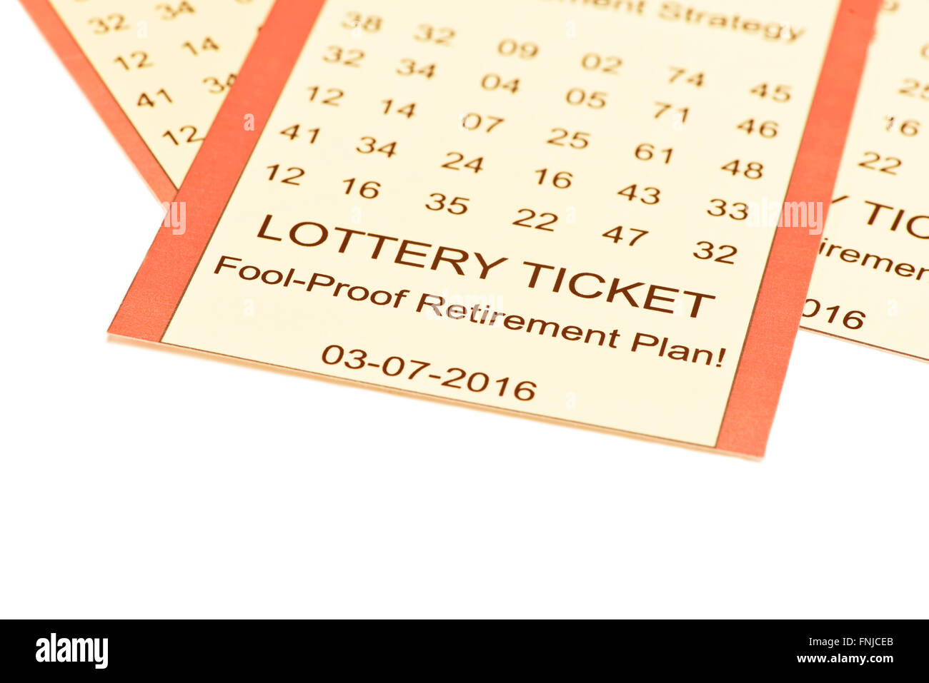 Lottery Ticket Pensionsplan auf weißem Hintergrund. Stockfoto