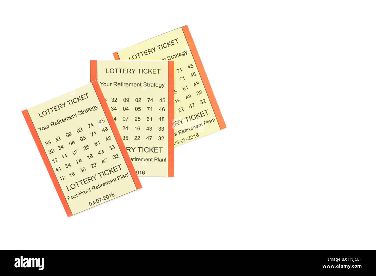 Ruhestand Plan Lottoscheine auf weißem Hintergrund mit textfreiraum auf rechten Seite. Stockfoto Ruhestand Plan Lottoscheine auf weißem Hintergrund mit textfreiraum auf rechten Seite. Stockfoto