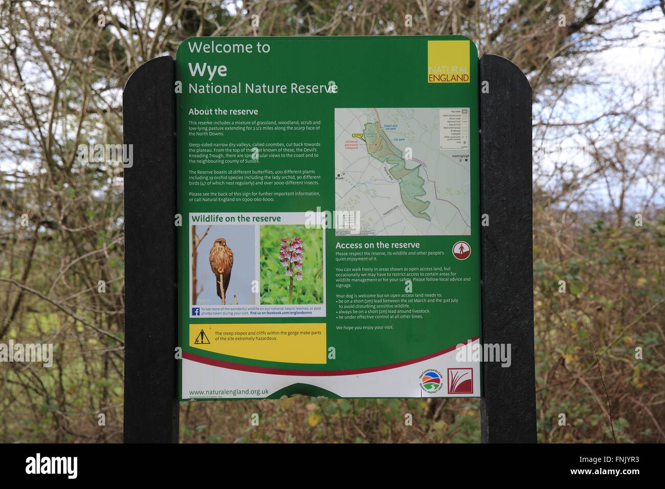 Die Informationstafel am Eingang zum Wye National Nature Reserve in der Nähe von Ashford in Kent, England, UK Stockfoto