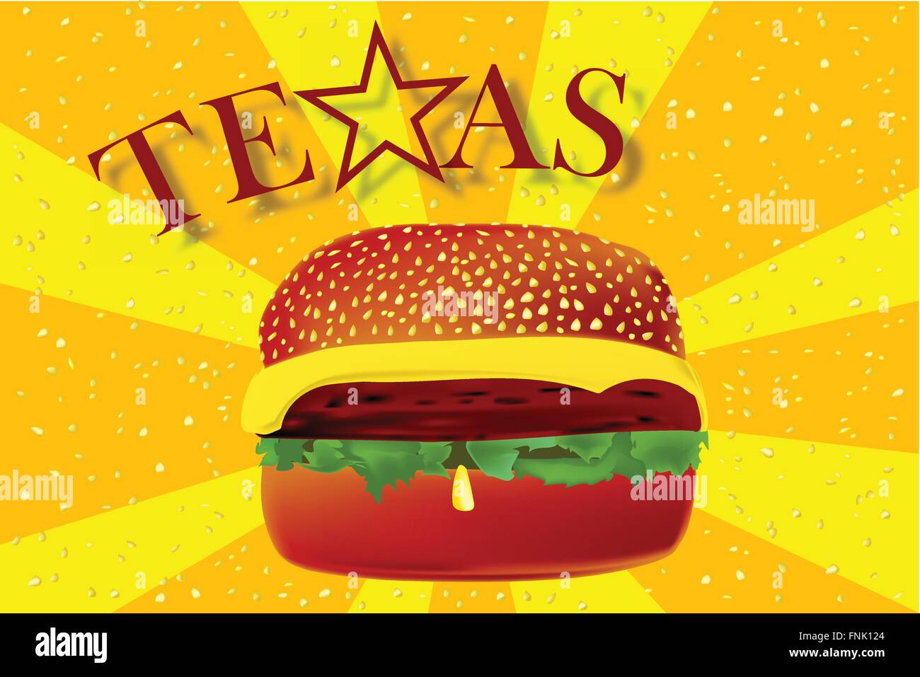 Einen großen Käse Burger in einem Sesam-Brötchen mit Strahlen der explodierenden Sesam Staatschefs und der Text TEXAS mit lone star Stock Vektor