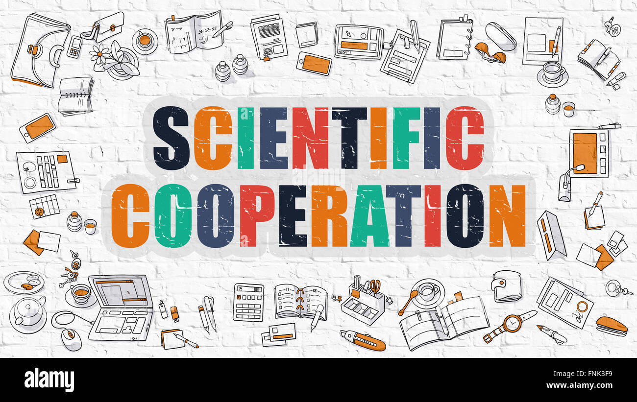 Konzept der wissenschaftlichen Kooperation. Multicolor auf weiß Brickwall. Stockfoto
