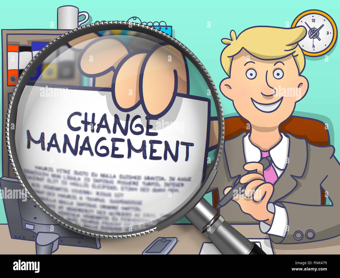 Change-Management durch Lupe. Doodle-Stil. Stockfoto