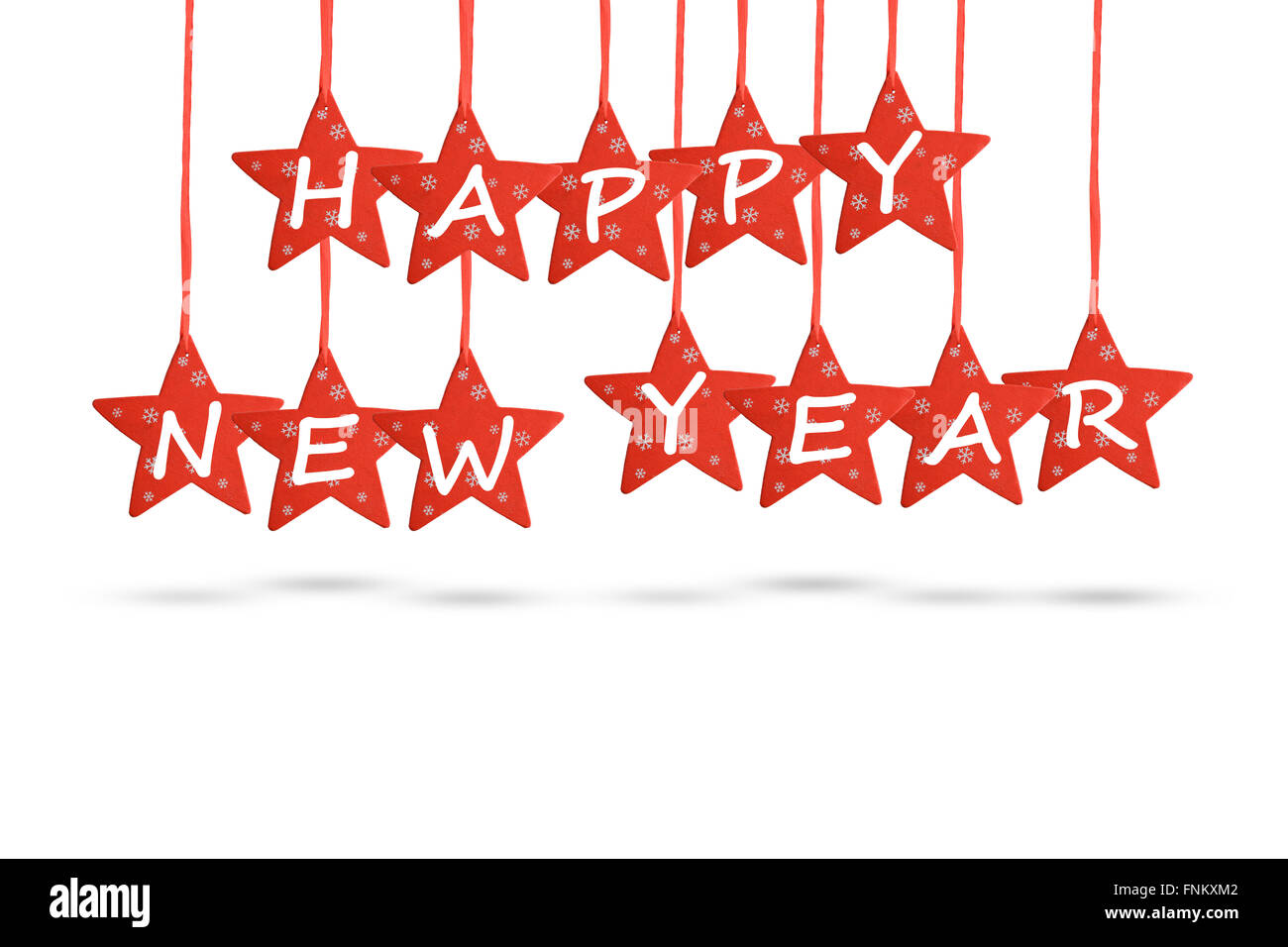 Frohes neues Jahr wünschen mit roten Sternen isoliert auf weißem Hintergrund Stockfoto