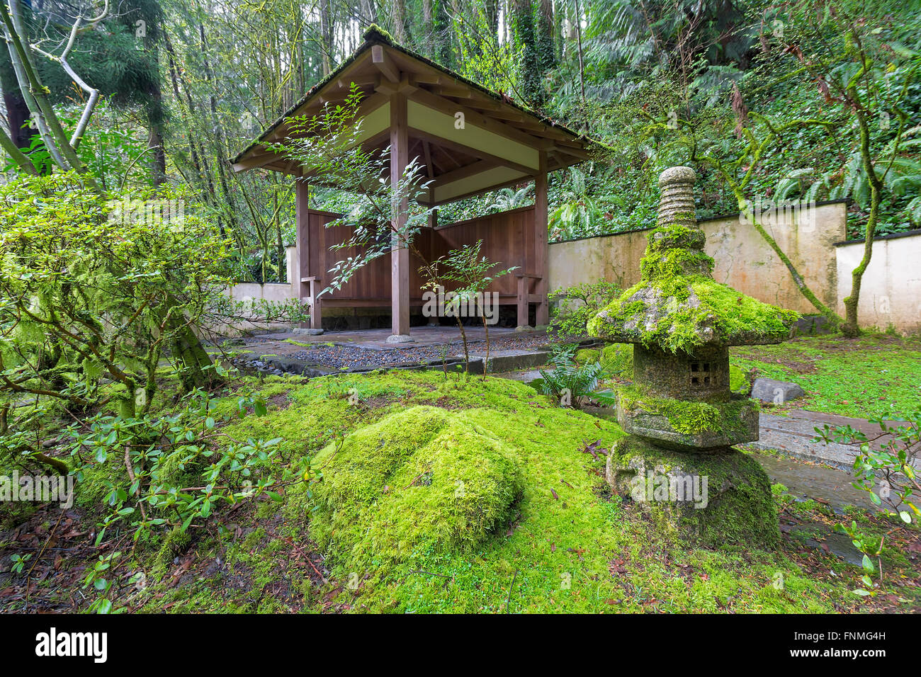 Holz-Schutz durch Steinlaterne bedeckt in grünem Moos am japanischen Garten im Frühling Stockfoto