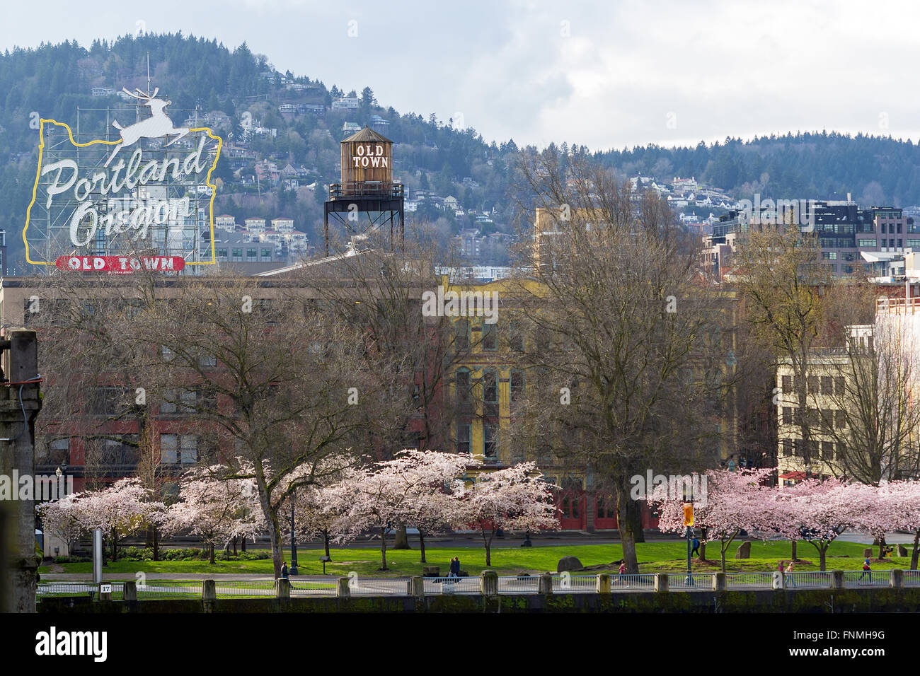 Portland Oregon Old Town Waterfront mit Kirschblüte Bäume blühen im Frühling Stockfoto