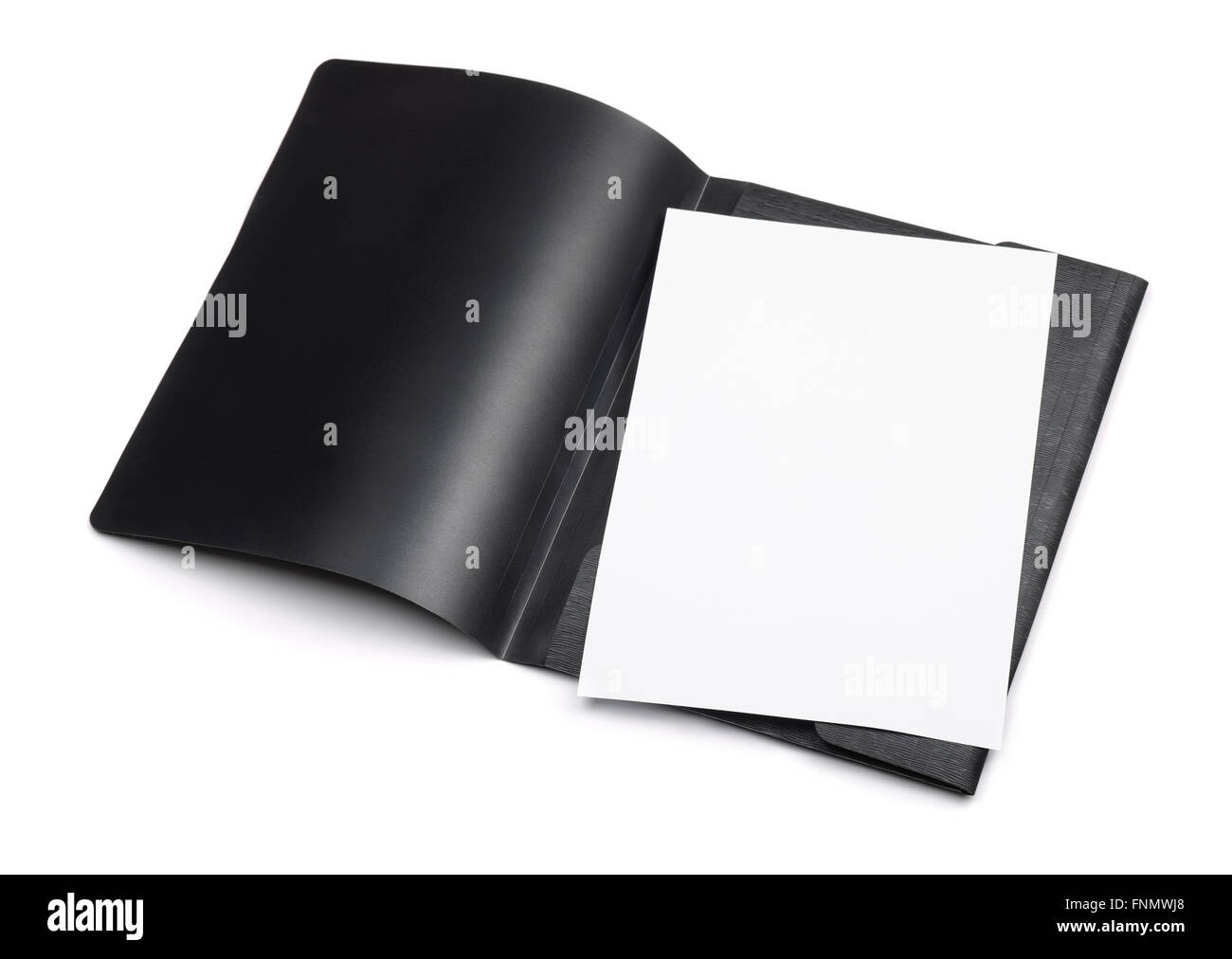 Offenen Kunststoff Dateiordner mit leerem Papierblatt isoliert auf weiss Stockfoto
