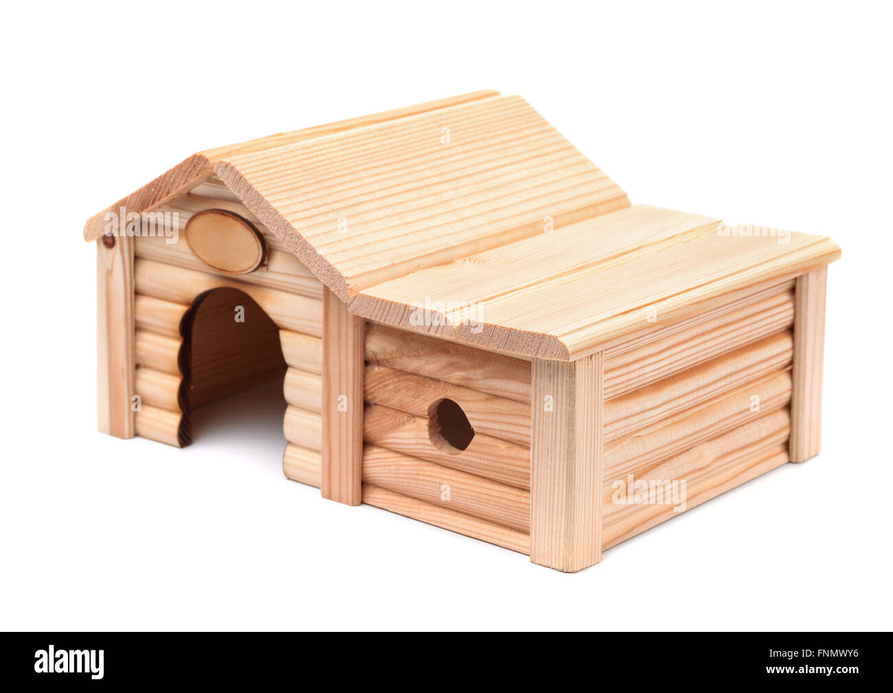 Holzspielzeug Haus isoliert auf weiss Stockfoto