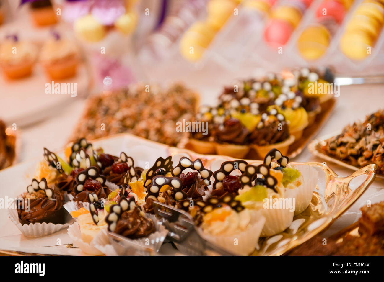 Viele Schokolade Kuchen auf einem Teller in natürlichem Licht Stockfoto