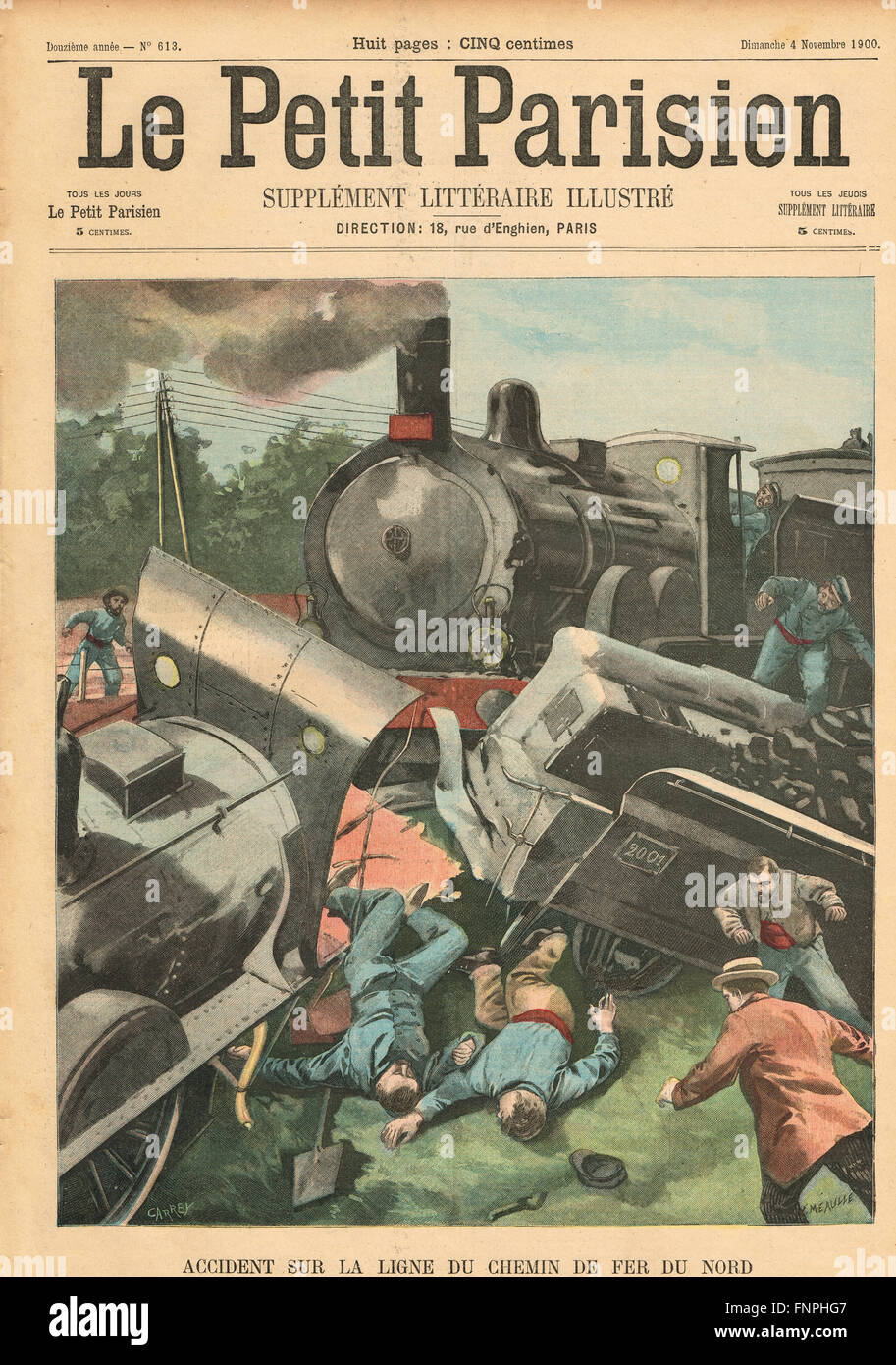 Unfall der Dampfeisenbahn Northern Line in Frankreich 1900. Französische illustrierte Zeitung Le Petit Parisien Illustration Stockfoto