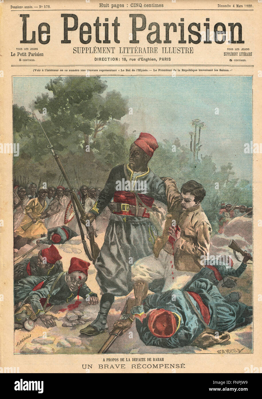 Niederlage von Sultan Rabah durch die Franzosen im Jahr 1900. Französische illustrierte Zeitung Le Petit Parisien Illustration Stockfoto