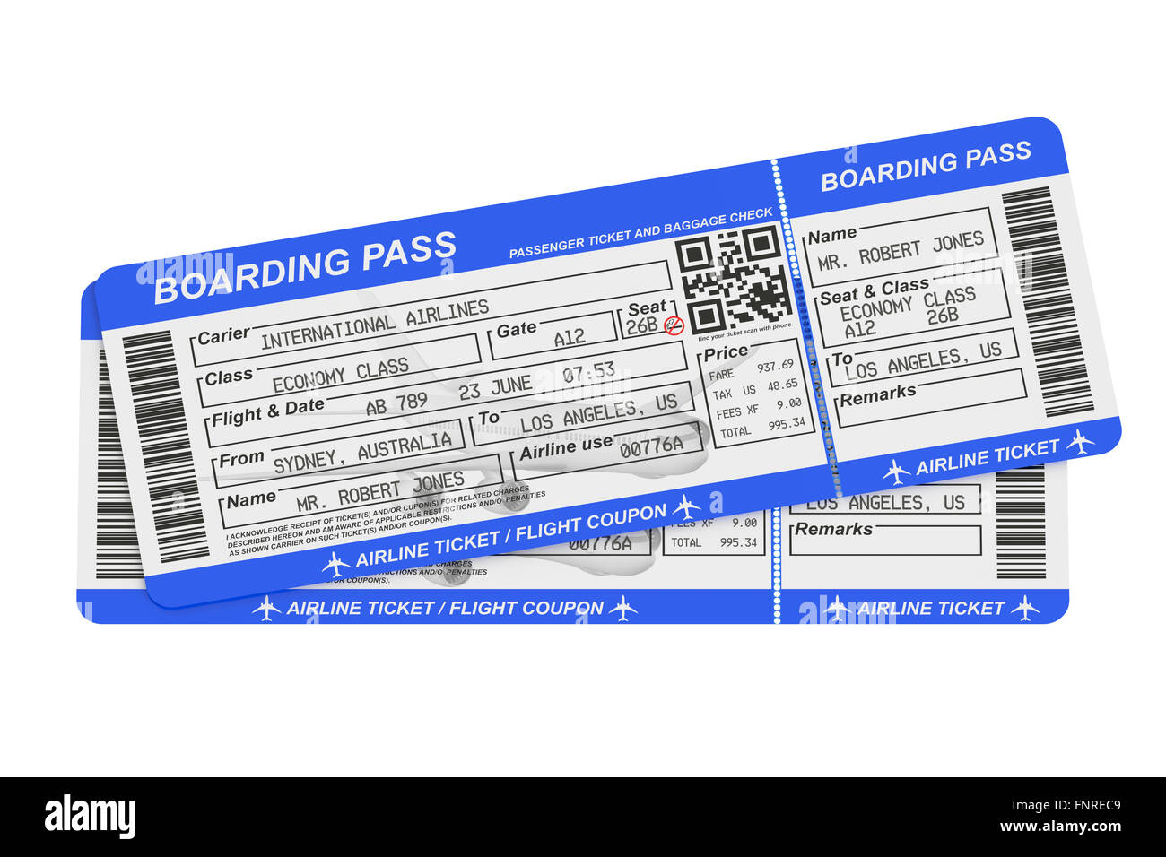 Boarding Pass Tickets isoliert auf weißem Hintergrund Stockfoto