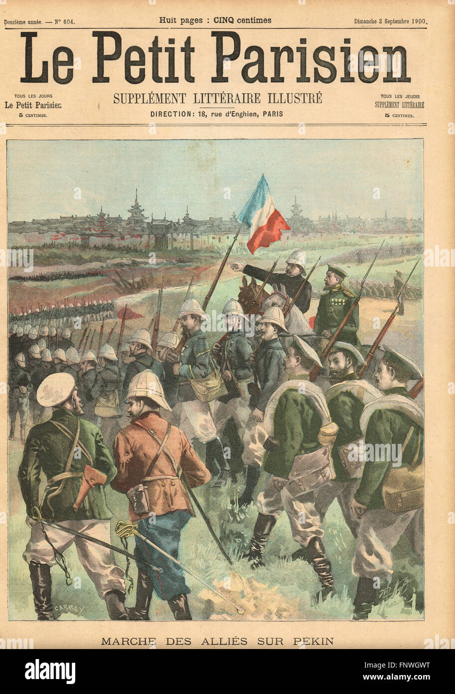 Die Boxer-Rebellion-Alliierten marschieren auf Peking. Französische illustrierte Zeitung Le Petit Parisien Illustration Stockfoto