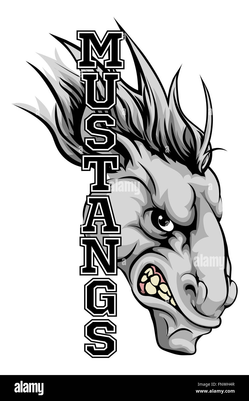 Eine Illustration der Cartoon Pferde Sport Team-Maskottchen mit dem Text Mustangs Stockfoto