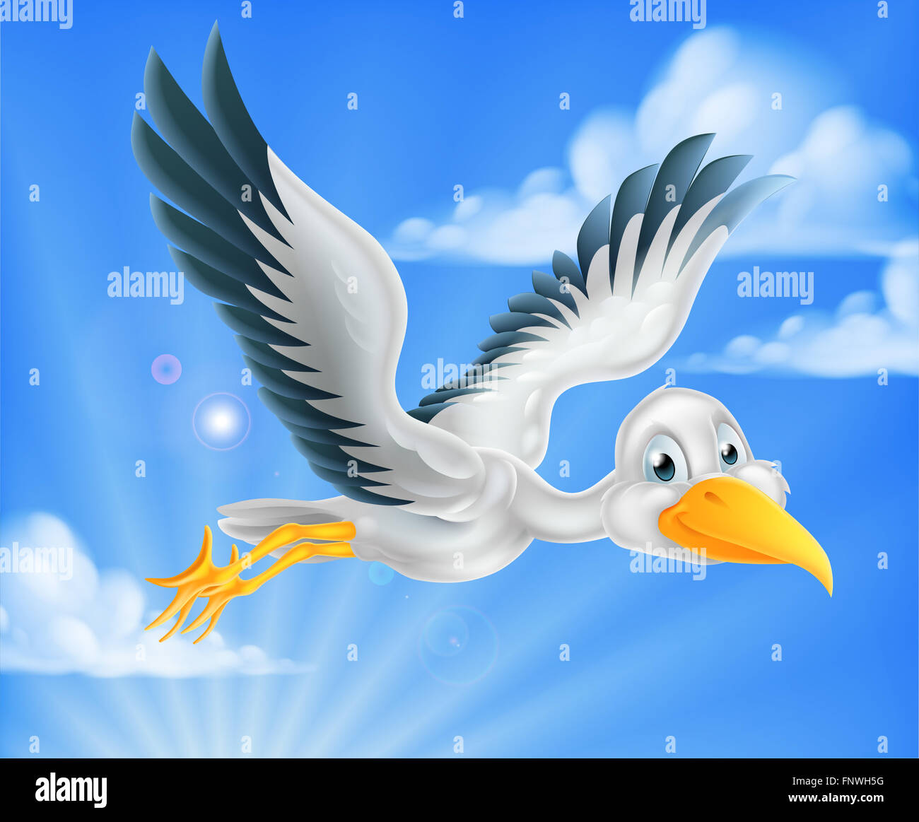 Eine glückliche Storch Vogel Tier Comicfigur durch den Himmel fliegen Stockfoto