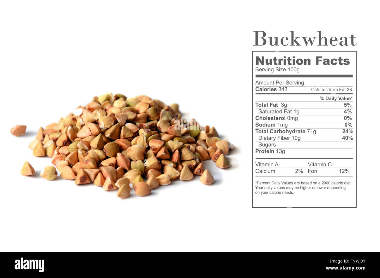 Ungekocht Buchweizen Samen mit Nährwertangaben auf weißem Hintergrund Stockfoto