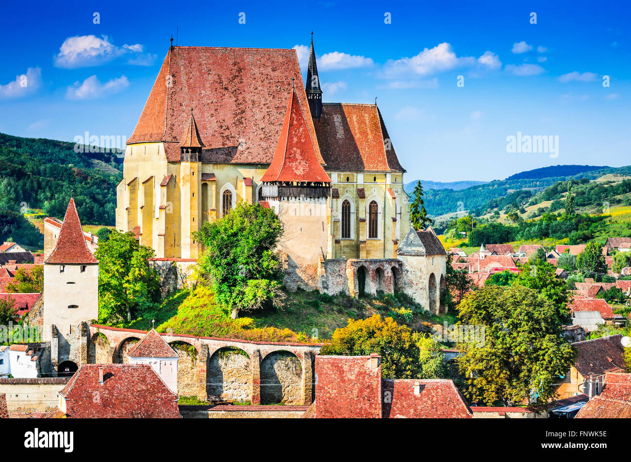 Birthälm, Transylvania. Sächsischen Feriendorf mit Wehrkirche in Rumänien Stockfoto