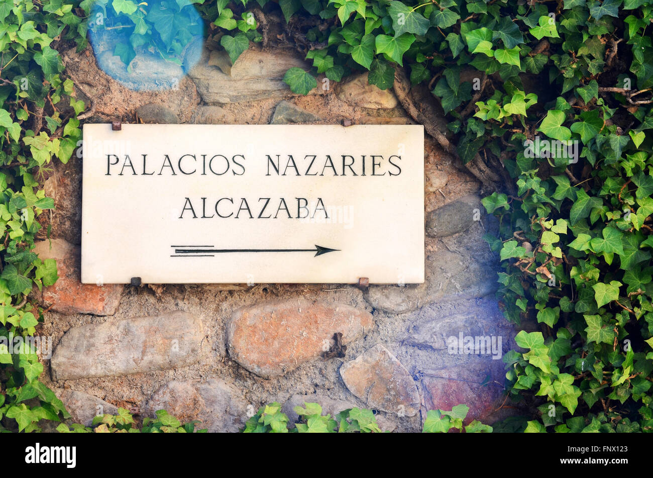 Richtungsanzeiger Palacios Nazaries und Alcazaba auf einen Stein und Efeu bewachsenen Wand an die Alhambra, Granada, Spanien Stockfoto