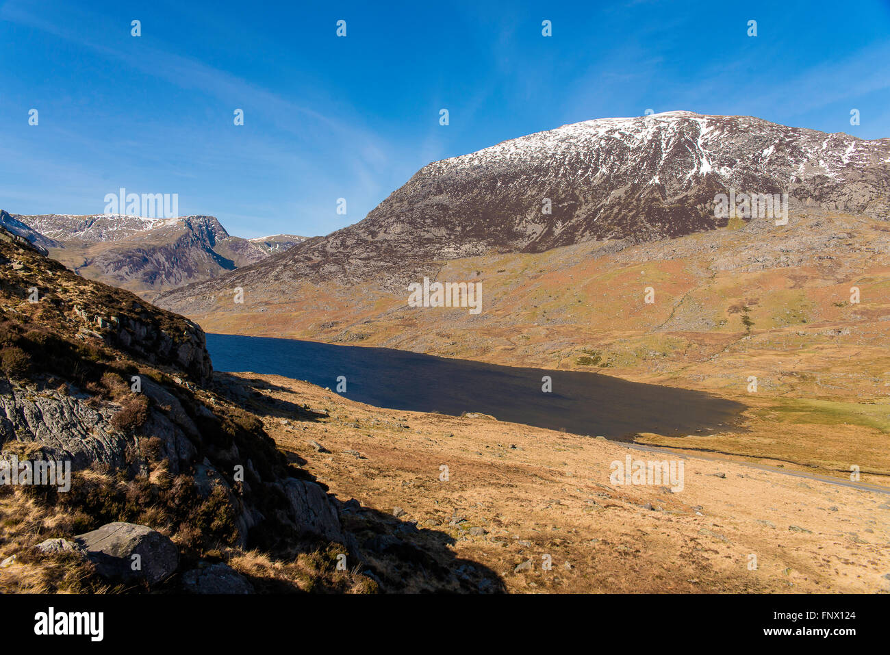 Ogwen See LLyn Tal Snowdonia North Wales Uk. Landschaft, Berge, Wandern. Stockfoto