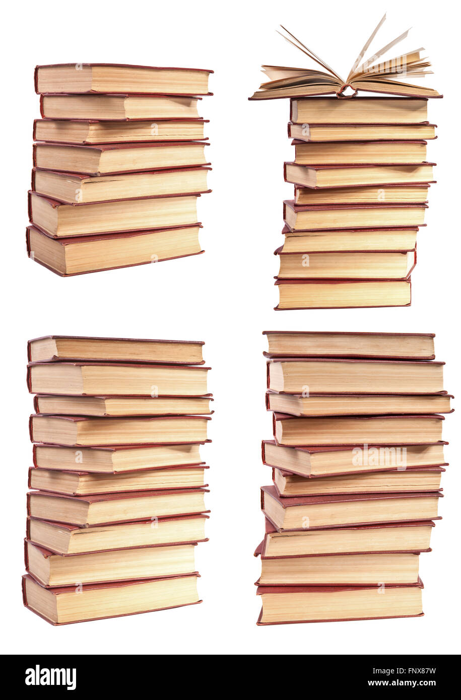Satz der alten Bücher mit vergilbten Seiten isoliert auf weißem Ba stapeln Stockfotografie Alamy