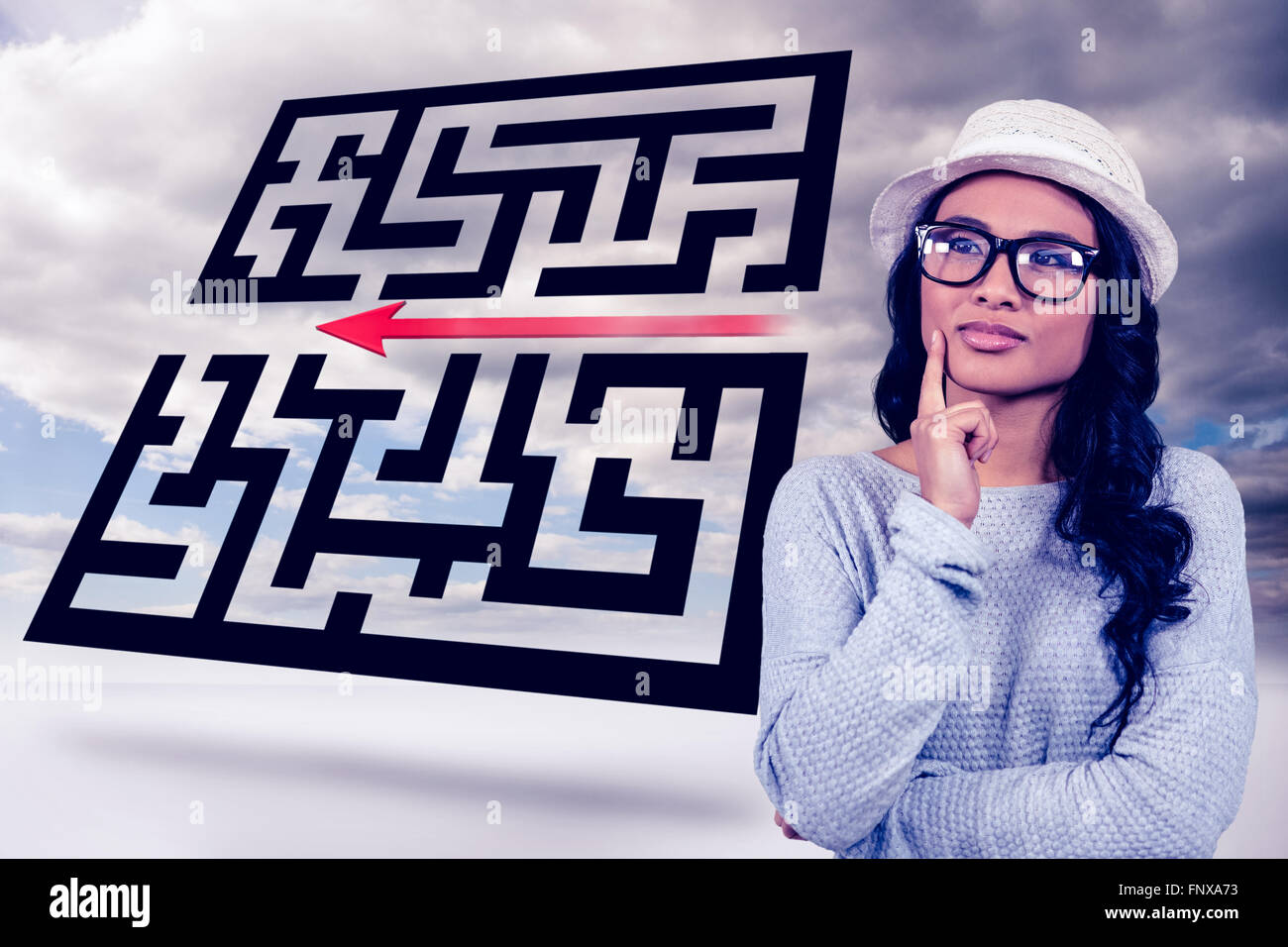 Zusammengesetztes Bild nachdenklich asiatische Frau stehend Stockfoto