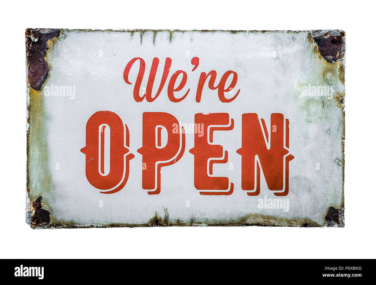 Vintage rostig weiß Metall sind wir Schild "geöffnet" Stockfoto