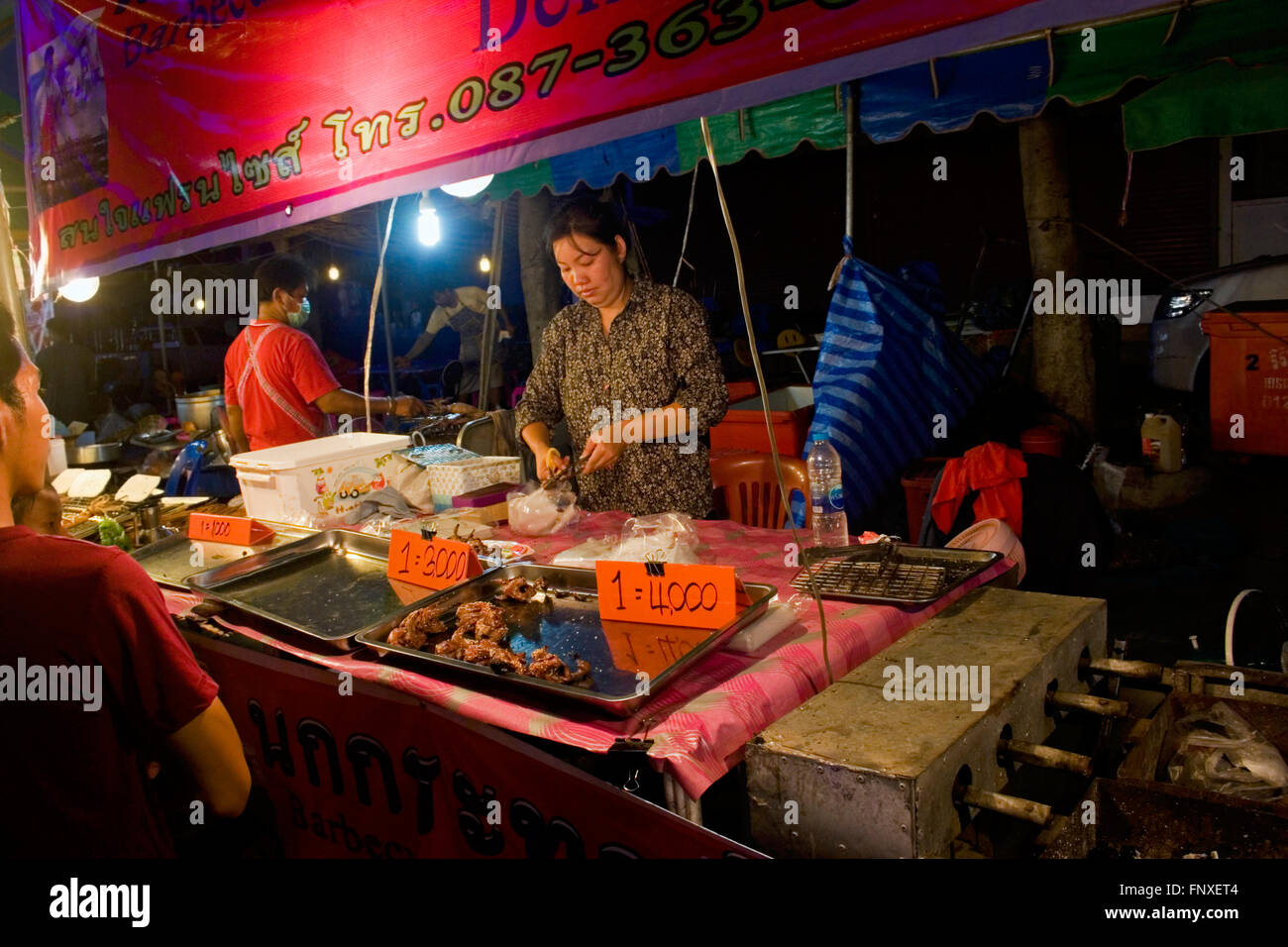 Eine Frau verkauft gegrillte Entlein auf einer Straße Messe in Kampong Cham, Kambodscha. Stockfoto