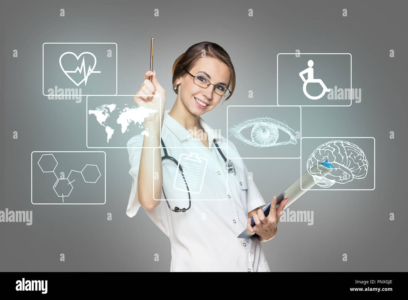 Ärztin in einheitlicher Touch Sechseck mit Symbolen Stockfoto