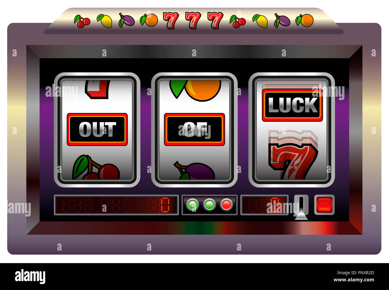 Gaming-Maschine mit drei Walzen, die Beschriftung von Glück. Abbildung auf weißem Hintergrund. Stockfoto