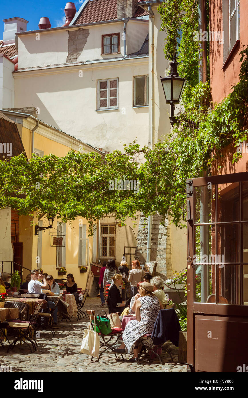 Tallinn, Estland - 12. Juni 2015: Menschen sitzen an Tischen in einem Café. Beliebte Straßen und Höfe der Altstadt in Tallinn, Estland Stockfoto