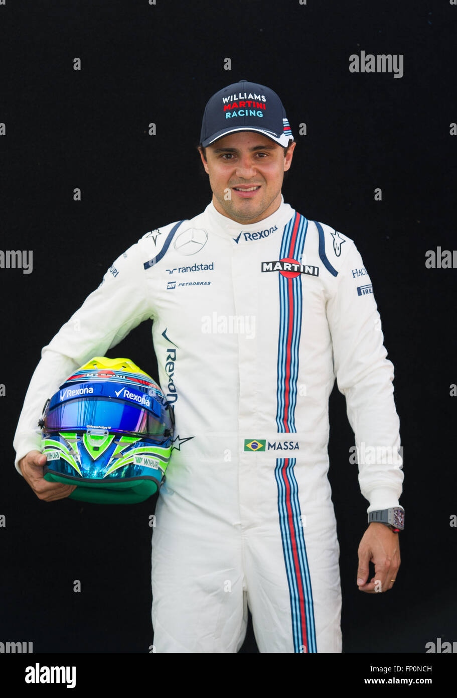 Melbourne, Australien. 17. März 2016. Williams Martini Racing Formel1-Pilot Felipe Massa Brasilien stellt für den Fahrer-Porträt-Sitzung vor Australian Formula One Grand Prix im Albert Park in Melbourne, Australien, 17. März 2016. © Bai Xue/Xinhua/Alamy Live-Nachrichten Stockfoto