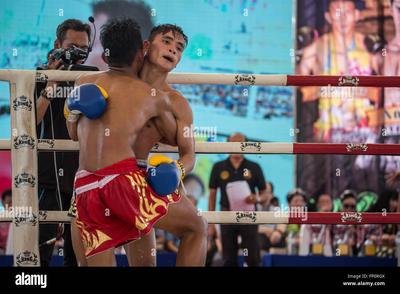 Ayutthaya, Thailand. 17. März 2016. Dieses Bild zeigt zwei Männer kämpfen während der 12. Welt Wai Kru Muay Thai Ceremony.The 12. Welt Wai Kru Muay Thai Zeremonie stattfindet, in der Nähe von der berühmten Wat Maha, dass Tempel in Ayutthaya Historical Park und zieht jedes Jahr mehr als 1200 Muay Thai Kämpfer aus 57 Ländern zu präsentieren einige der Heiligen Kampfkunst Rituale des Muay-Thai-Boxen. Bildnachweis: Guillaume Payen/ZUMA Draht/Alamy Live-Nachrichten Stockfoto