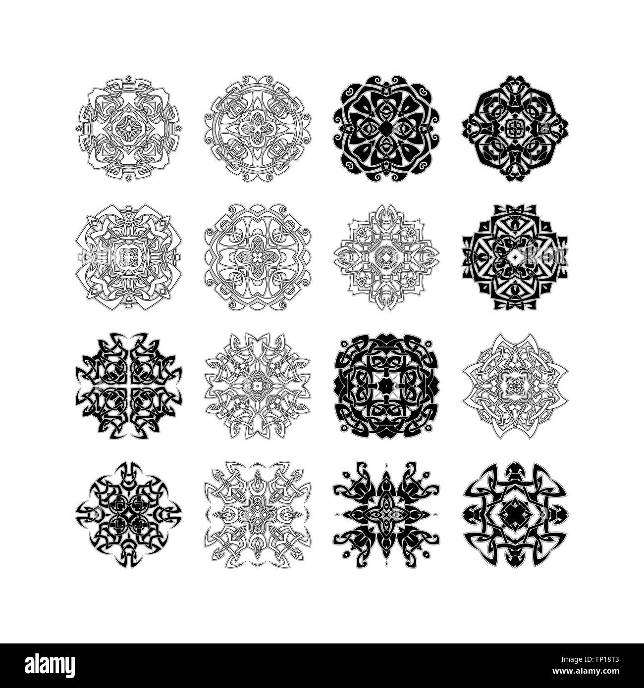 Satz von reich verzierten Mandala Symbole. Gotische Spitze Tattoo. Keltische Webart mit scharfen Ecken. Stockfoto