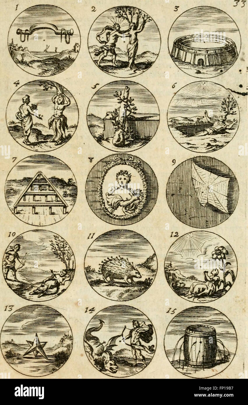 Dieses Werk umfasst antike und moderne Embleme und Geräte renommierter Autoren, mit Übersetzungen in Latein, Französisch, Spanisch, Italienisch und Englisch. Es enthält Aphorismen, Sprüche und emblematische Designs aus verschiedenen Kulturen und Sprachen. Stockfoto