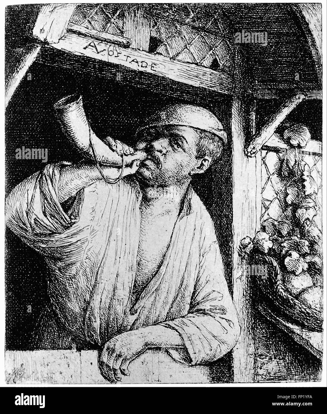 Adriaen van Ostade - Bäcker sein Horn klingen Stockfoto