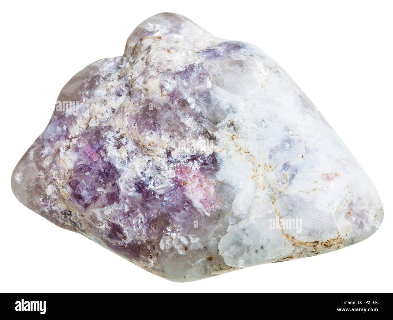 Makroaufnahmen von natürlichen Edelstein - Quarz mit rosa Lepidolith-Glimmer und Turmalin Kristalle Mineralien Edelstein poliert isolieren Stockfoto