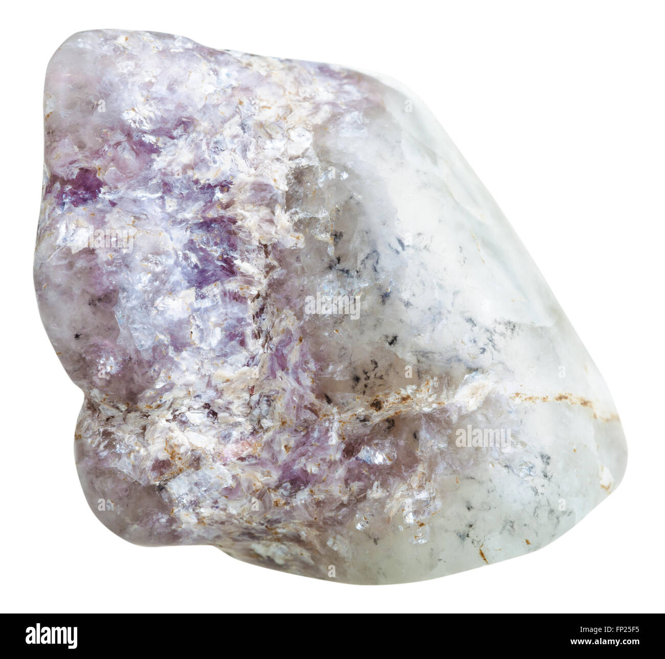 Makroaufnahmen von natürlichen Edelstein - Trommelsteine Lepidolith Glimmer auf Quarz mit Turmalin Kristalle Mineralien Edelstein Stein isoliert auf wh Stockfoto