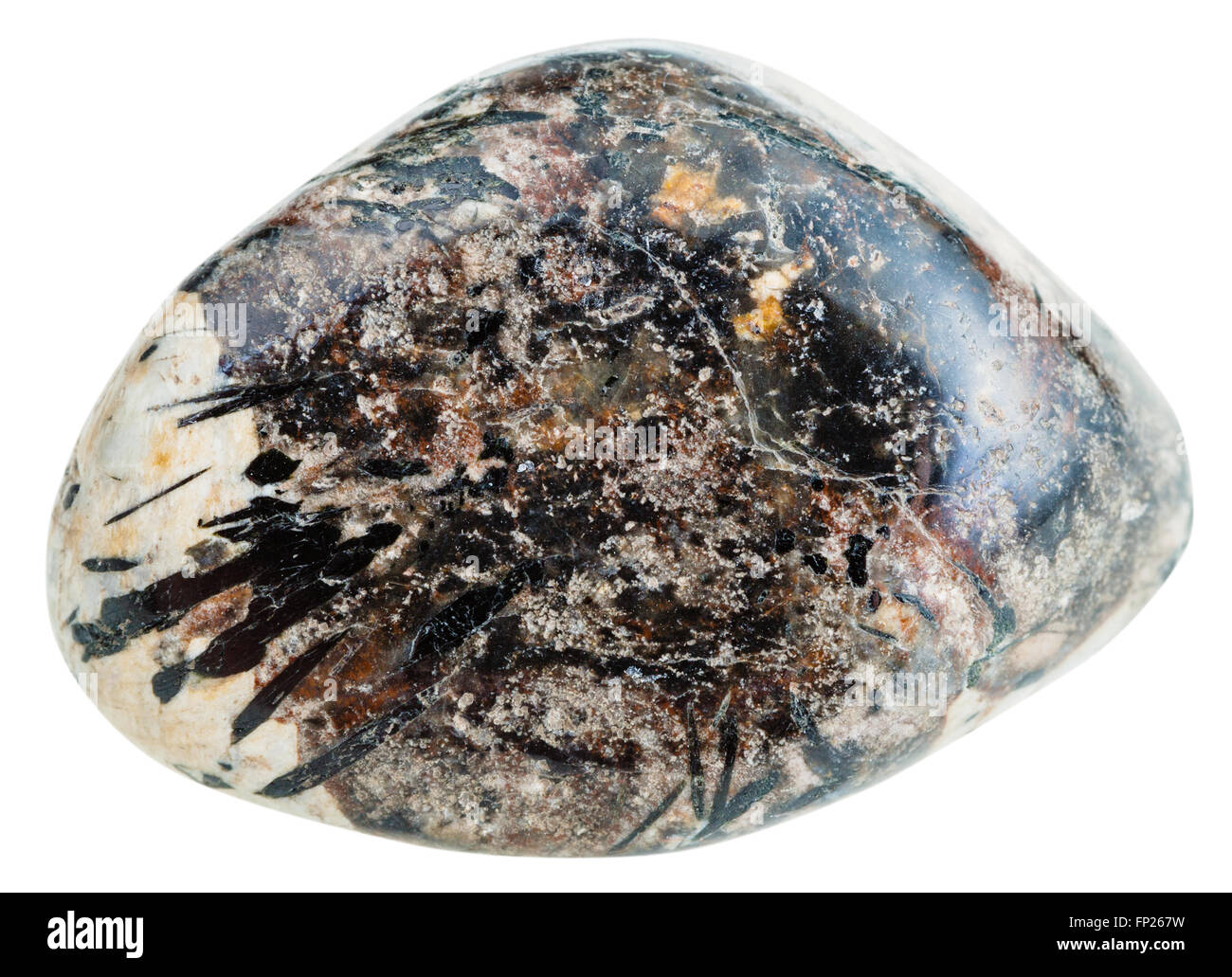Makroaufnahmen von natürlichen Edelstein - schwarze Kristalle von Aegirine in Sanidine und Nepheline (Nephelite) Mineralien Edelstein isoliert Stockfoto
