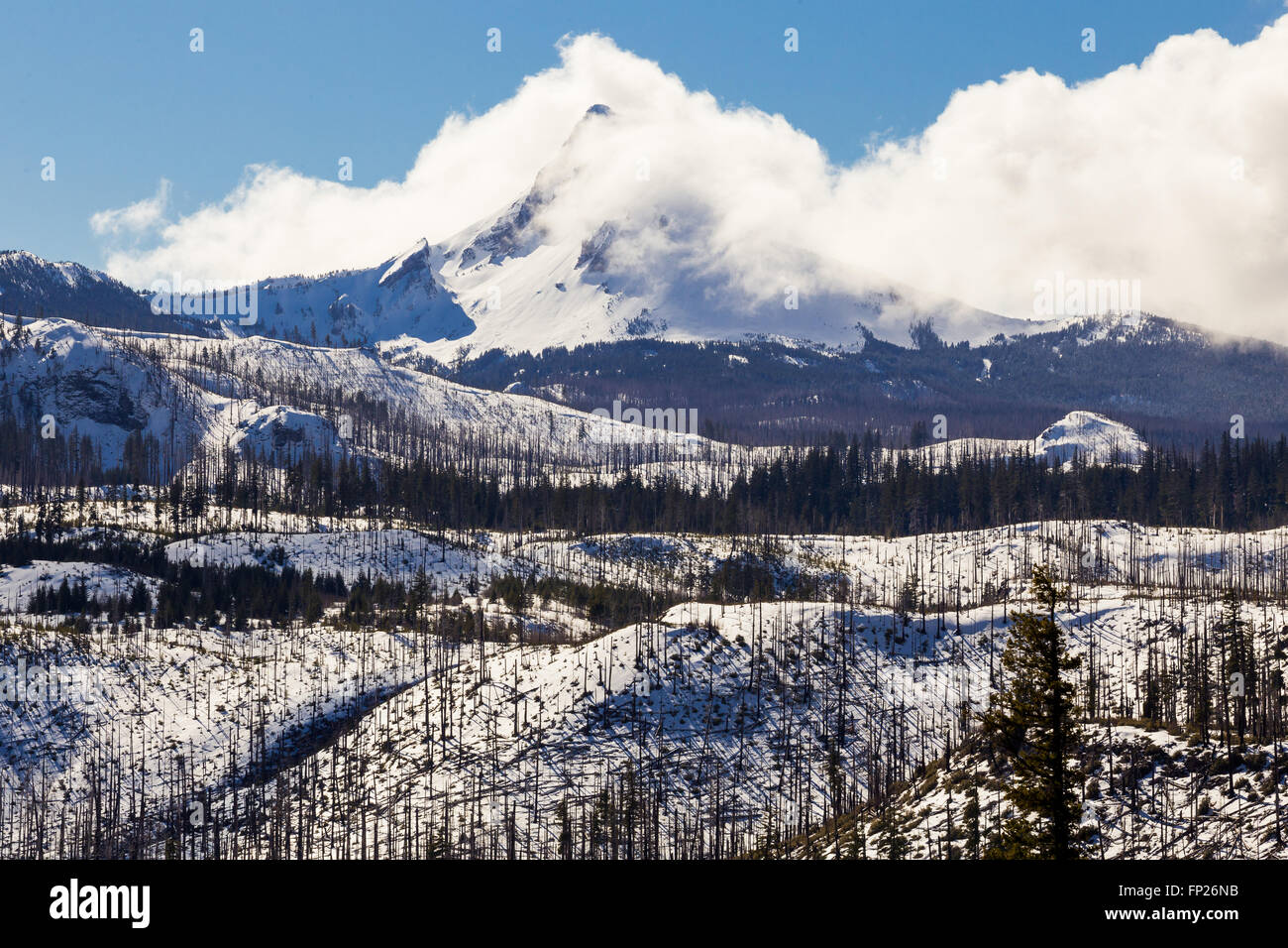 Mt Washington voller Wolken über die Gipfel im Schnee im Winter. Stockfoto