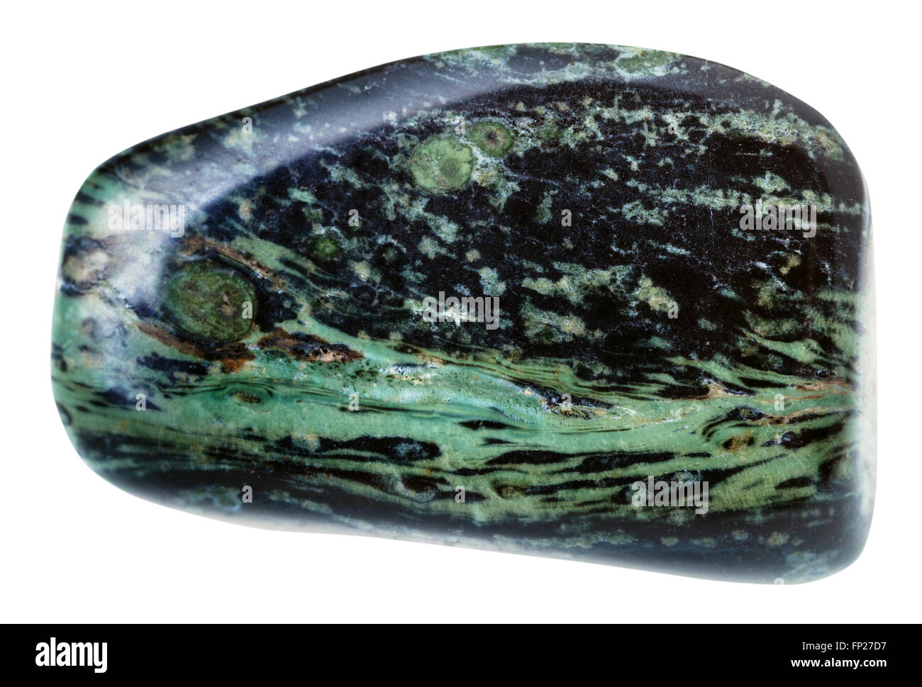 Makroaufnahmen von natürlichen Edelstein - Trommelsteine Rhyolith (Madagaskar Jasper, Ozean-Jaspis, kugelförmige Jaspis) mineralischer Edelstein Stein isol Stockfoto