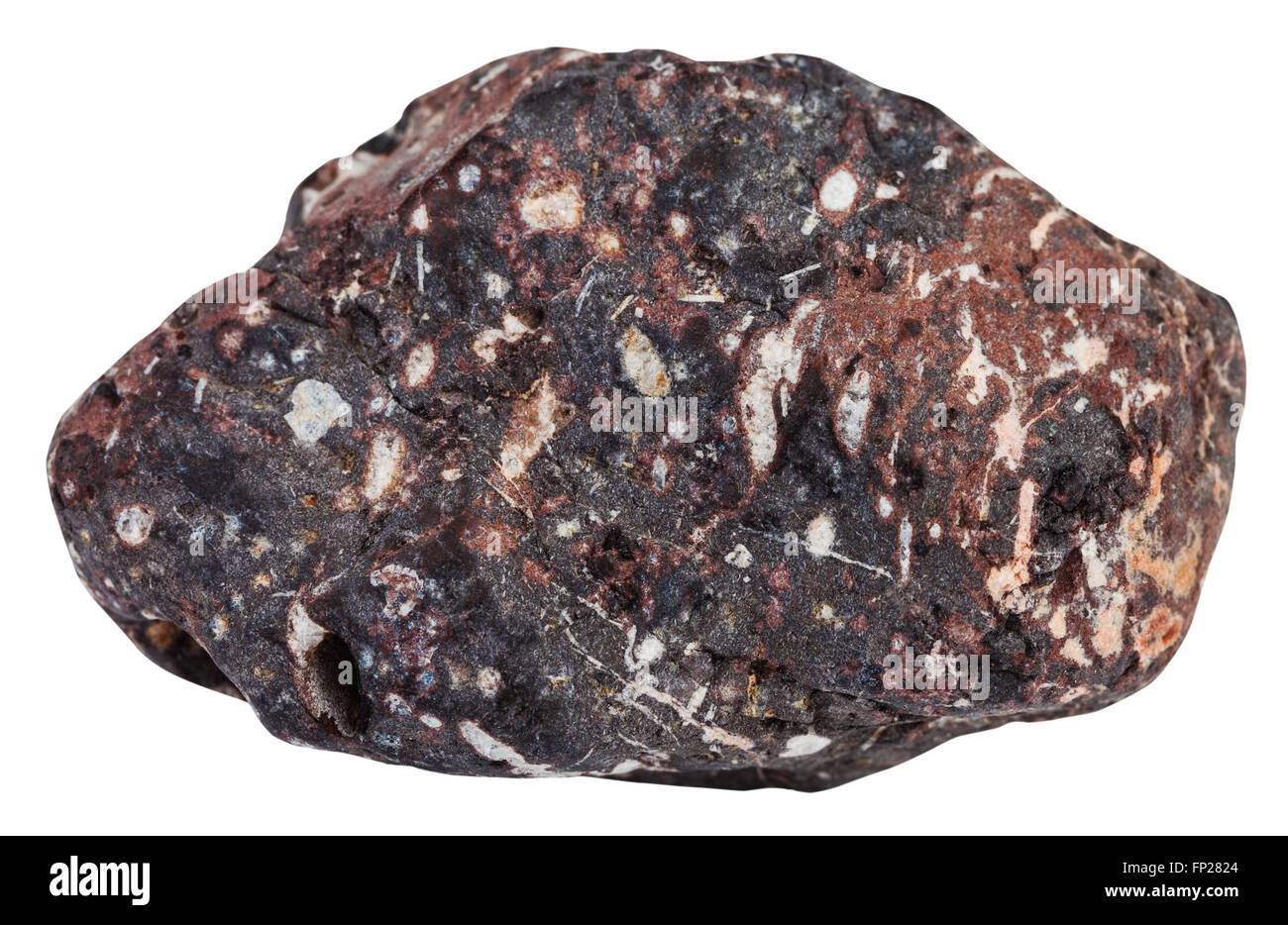 Makroaufnahmen von Naturstein Probe - Stück von porösen mineralischen Basaltstein mit Pore füllen durch Zeolith, Calcit, Chlorit, ich Stockfoto
