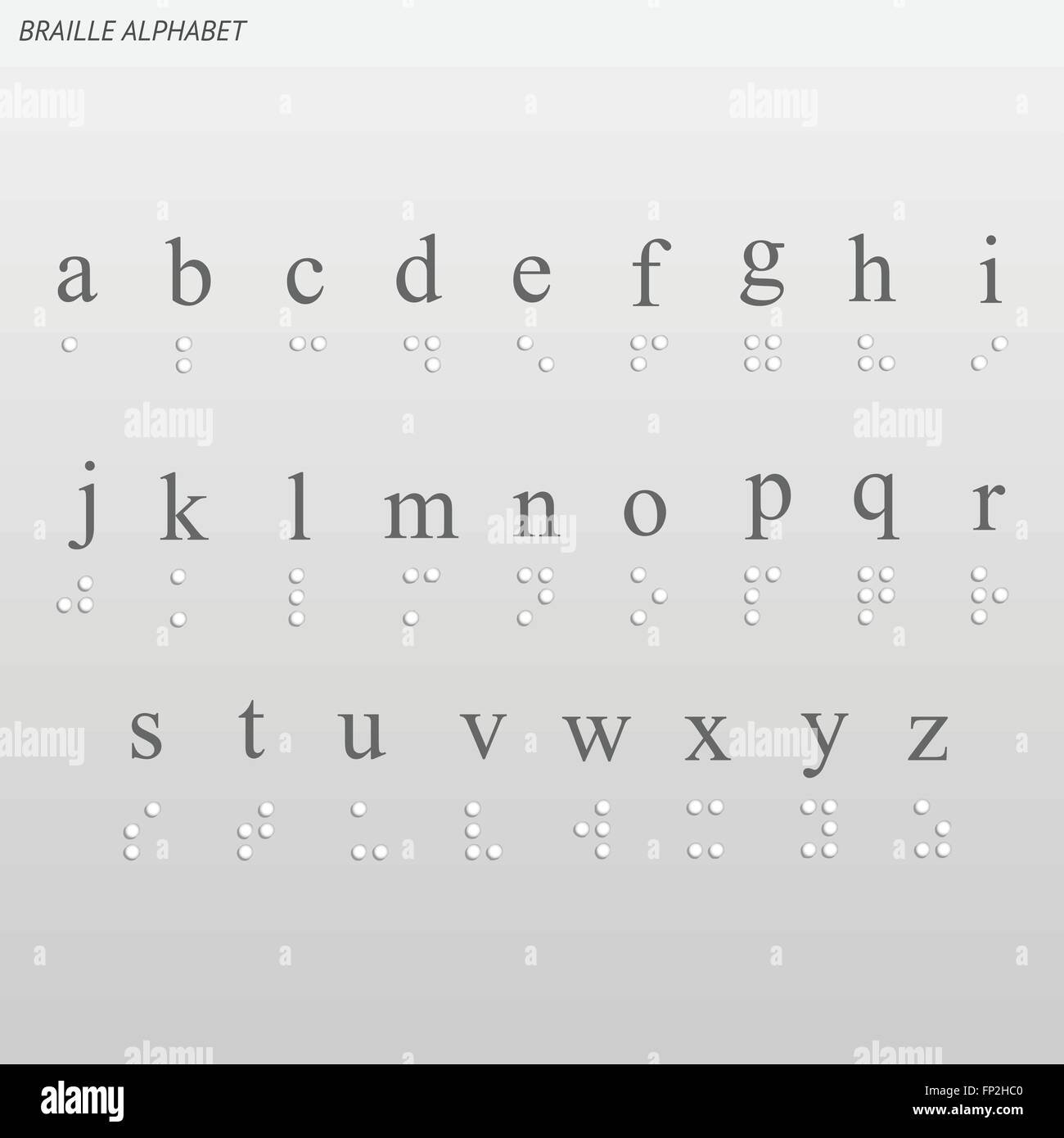 Beispiel für das Braille-Alphabet auf hellem Hintergrund. Stock Vektor