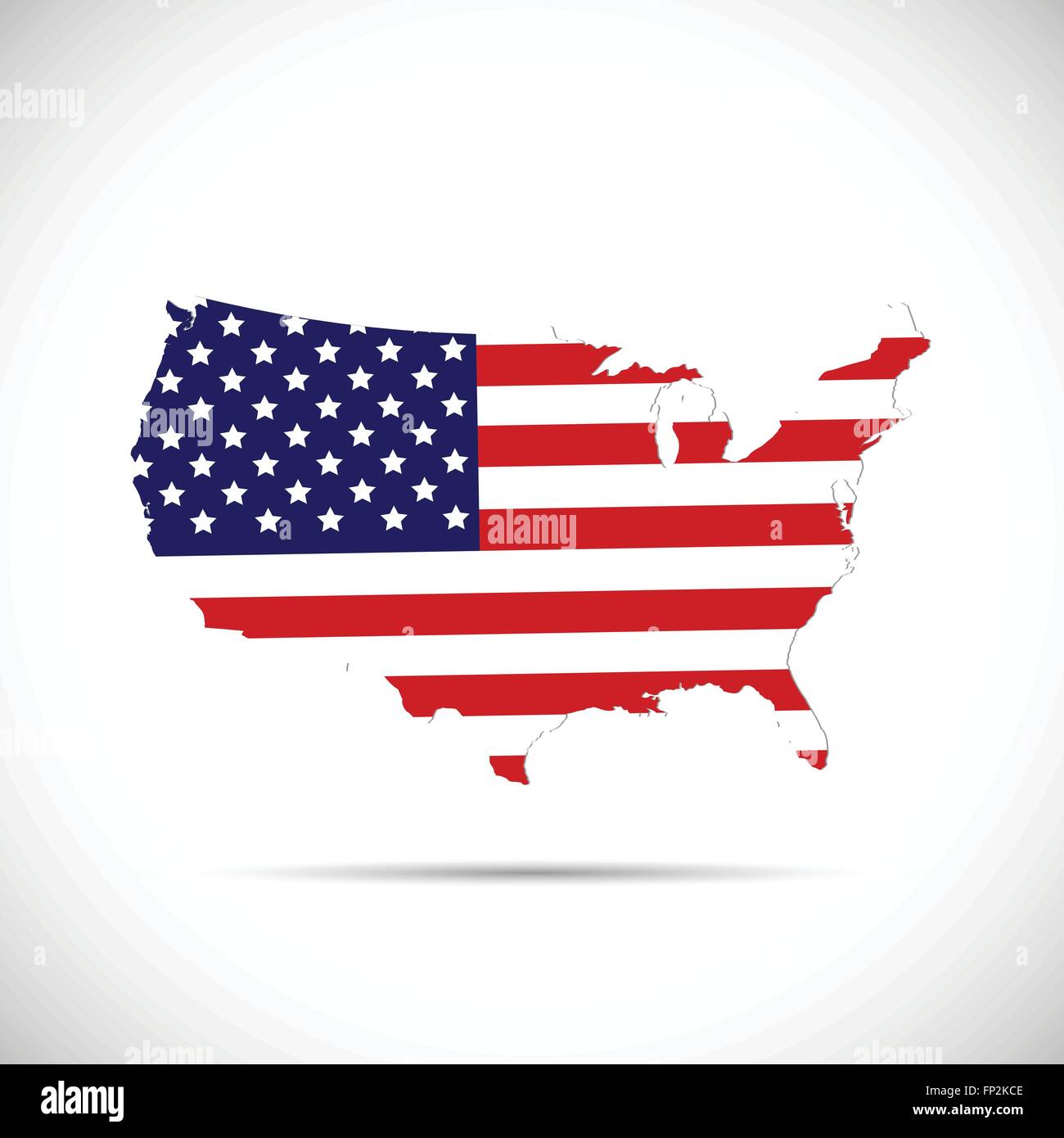 Abbildung der Flagge der Vereinigten Staaten auf einer Karte isoliert auf einem weißen Hintergrund. Stock Vektor
