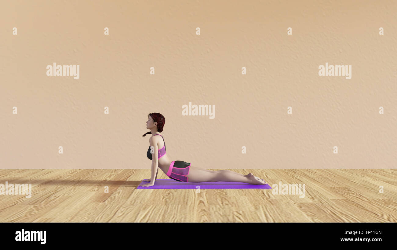 Yoga-Kurs mit Blick nach oben Hund Pose Illustration mit weiblichen Lehrer Stockfoto