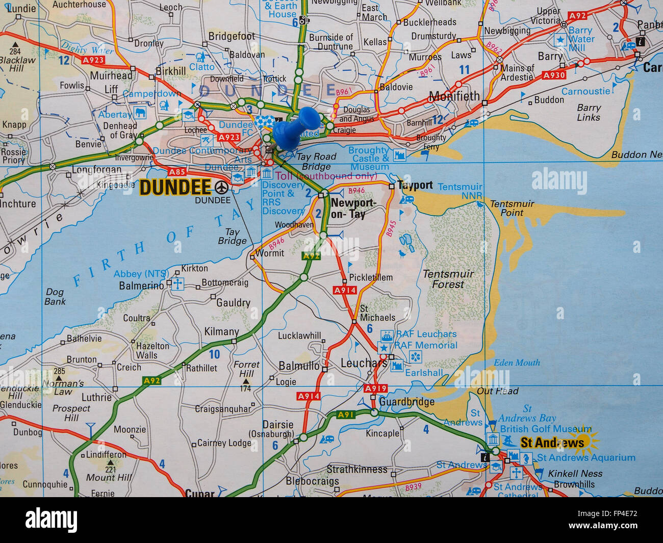 Straßenkarte von Schottland, zeigt die Gegend von Dundee und mit einer