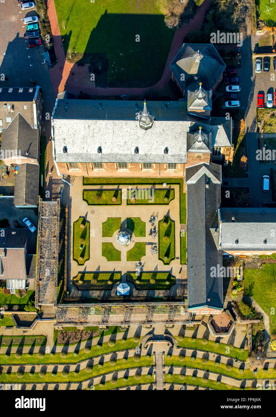 Antenne, spirituelle und kulturelle Zentrum Klosterkamp mit Gartenterrasse und barocke Gärten, Gartenkunst, Kamp-Lintfort, Stockfoto